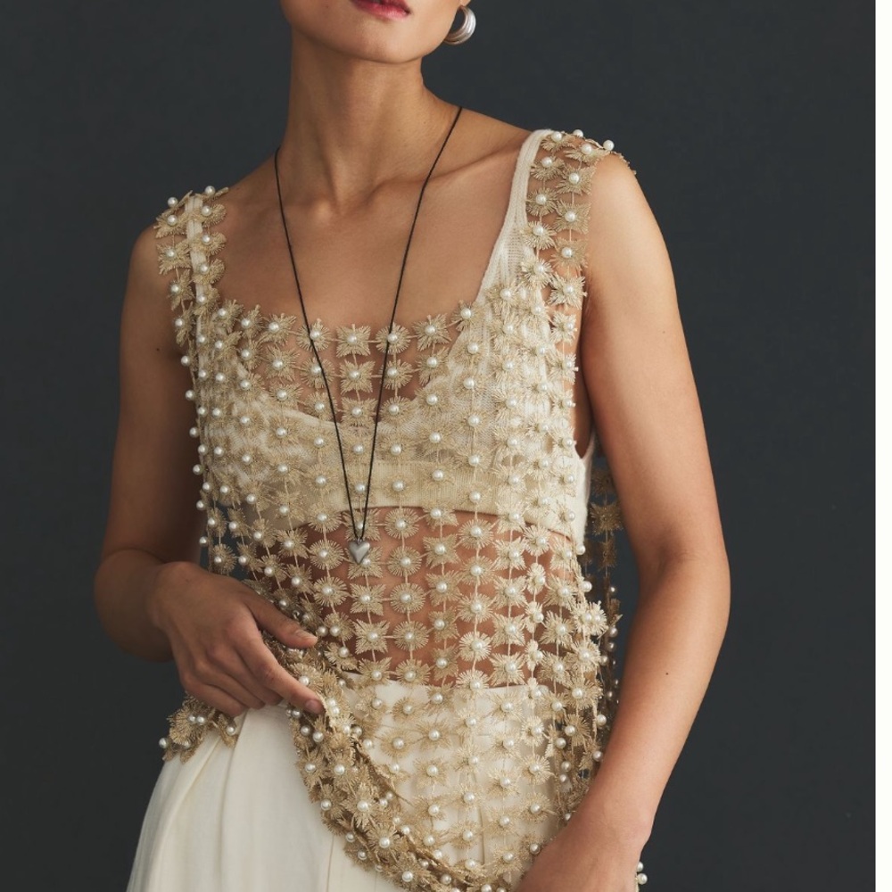 Anthropologie Cream Pearl Embellished Mesh Tank - Rare/Sold Out
